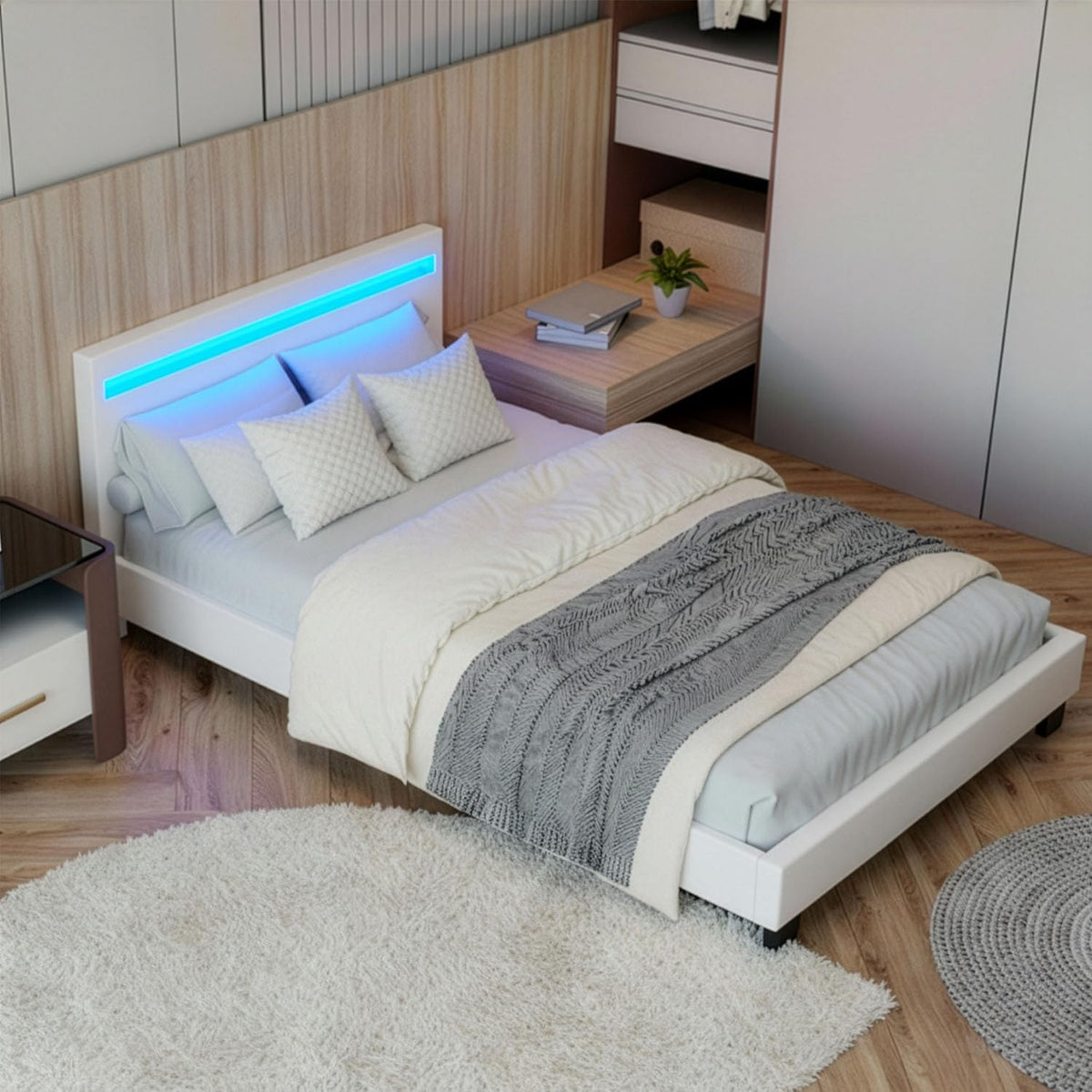 Juskys Polsterbett Paris mit LED-Beleuchtung, Holzgestell & Lattenrost, modernes Schlafzimmerbett