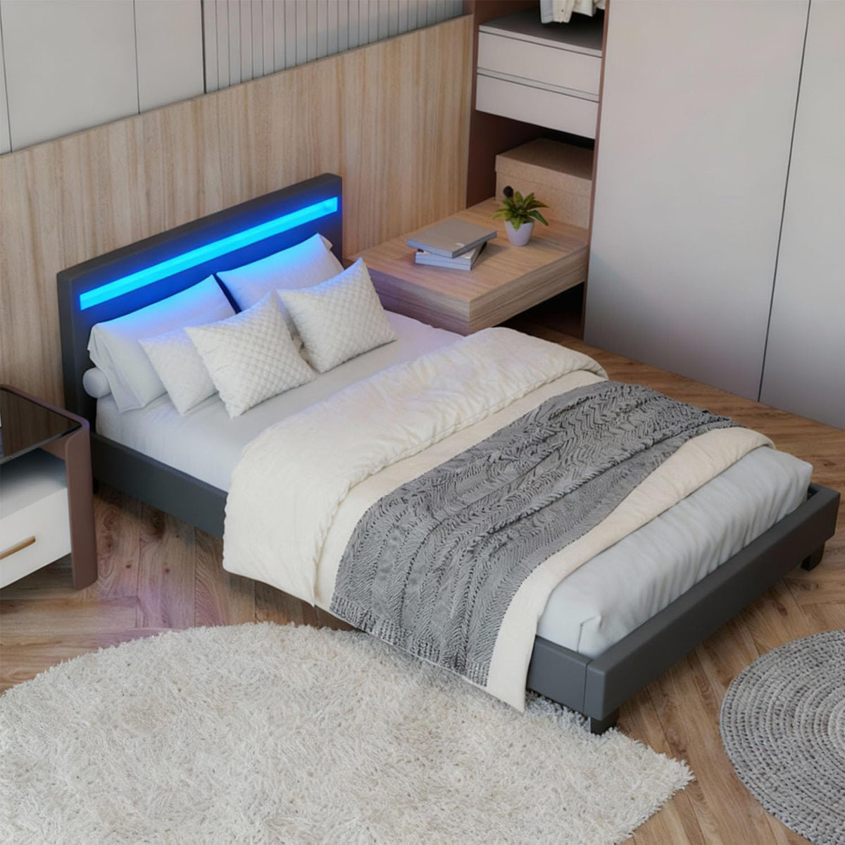 Juskys Polsterbett Paris mit LED-Beleuchtung, Holzgestell & Lattenrost, modernes Schlafzimmerbett