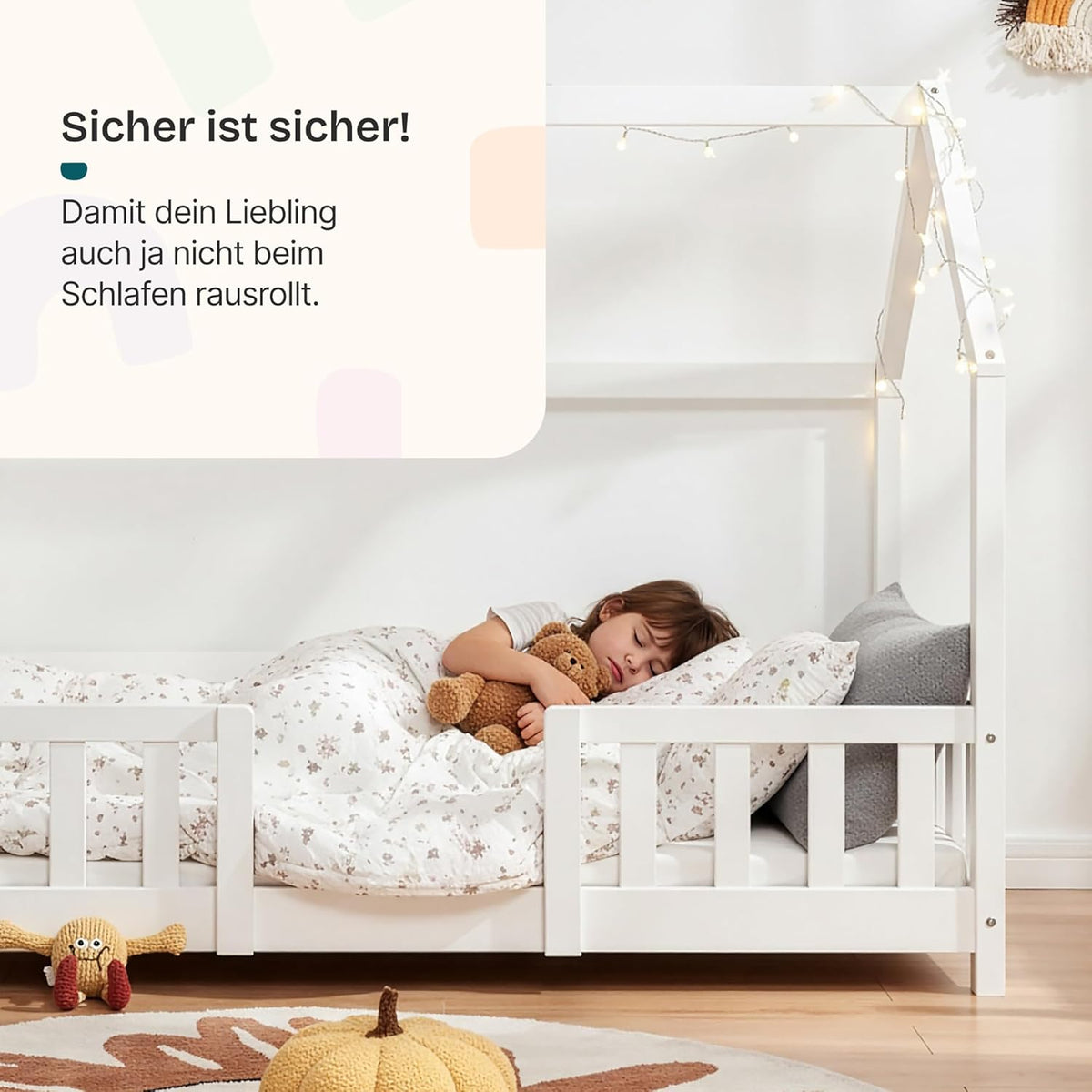 [en.casa] Kinderbett Montessori Hausbett Kiefernholz mit Rausfallschutz und Lattenrost für Kinder Bodenbett Weiß