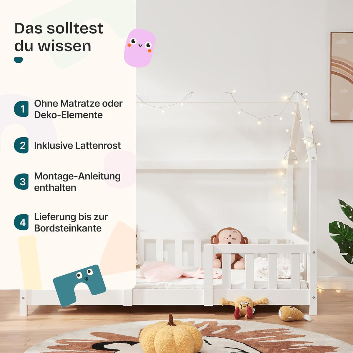 [en.casa] Kinderbett Montessori Hausbett Kiefernholz mit Rausfallschutz und Lattenrost für Kinder Bodenbett Weiß
