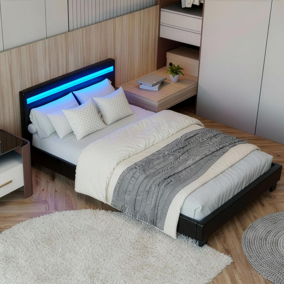 Juskys Polsterbett Paris mit LED-Beleuchtung, Holzgestell & Lattenrost, modernes Schlafzimmerbett