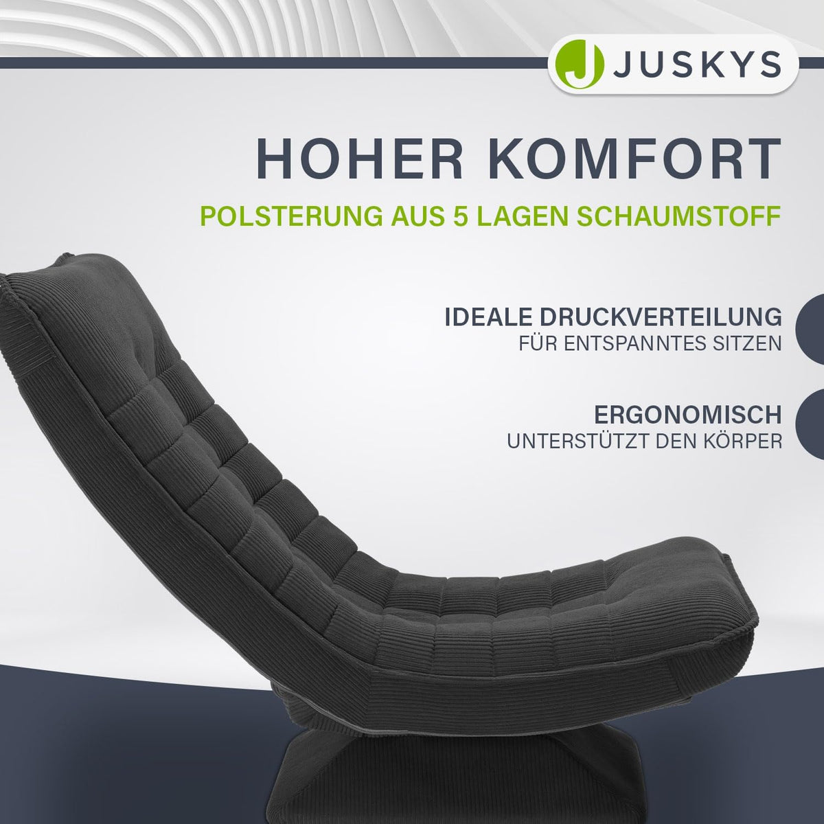 JUSKYS Relaxsessel Korsika, Cord, 360° drehbar & klappbar, Dunkelgrau, Metallrahmen