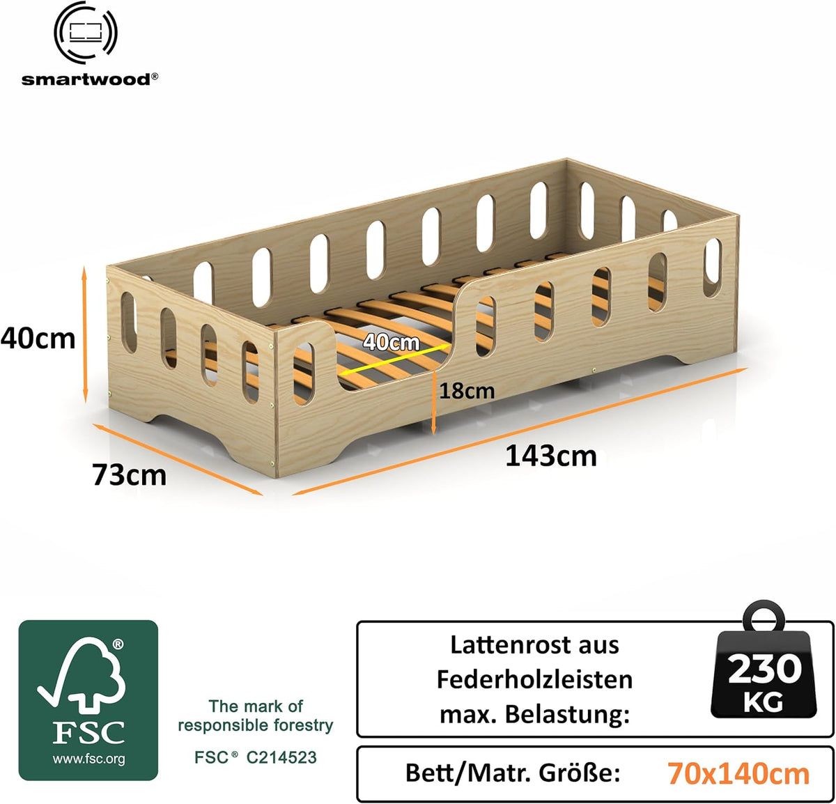 smartwood Bodenbett 70x140 Montessori Kinderbett aus Holz mit FSC-Zertifikat TILA 2L mit Rausfallschutz & Lattenrost bis 230kg belastbar - Einfache Montage
