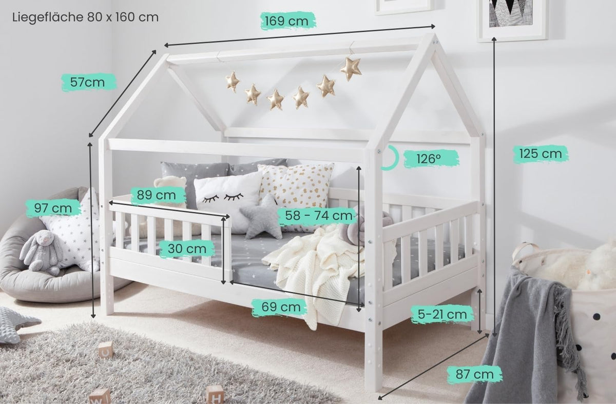 TiCAA Kinderbett Hausbett Montessori Bodenbett aus Massivholz mit Rausfallschutz