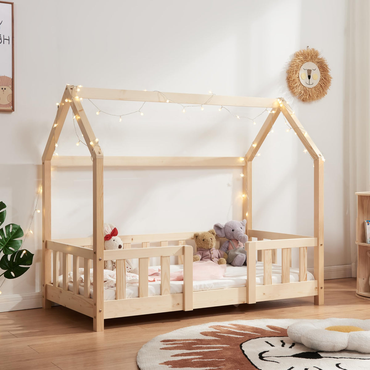 [en.casa] Kinderbett Montessori Hausbett Kiefernholz mit Rausfallschutz und Lattenrost für Kinder Bodenbett Weiß