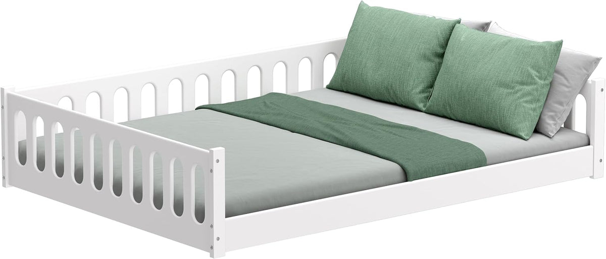 CADANI Monte Montessori Bodenbett Kinderbett mit Rausfallschutz, umbaubar, Massivholz, Rollrost, weiß