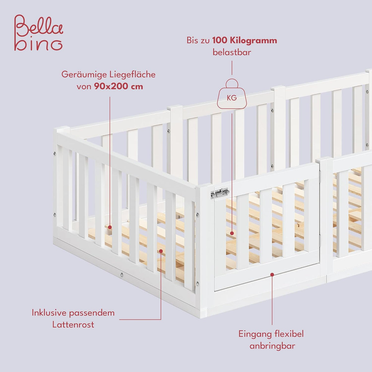 Bellabino Montessori Kinderbodenbett Kiefer Massivholz mit Rausfallschutz & Lattenrost