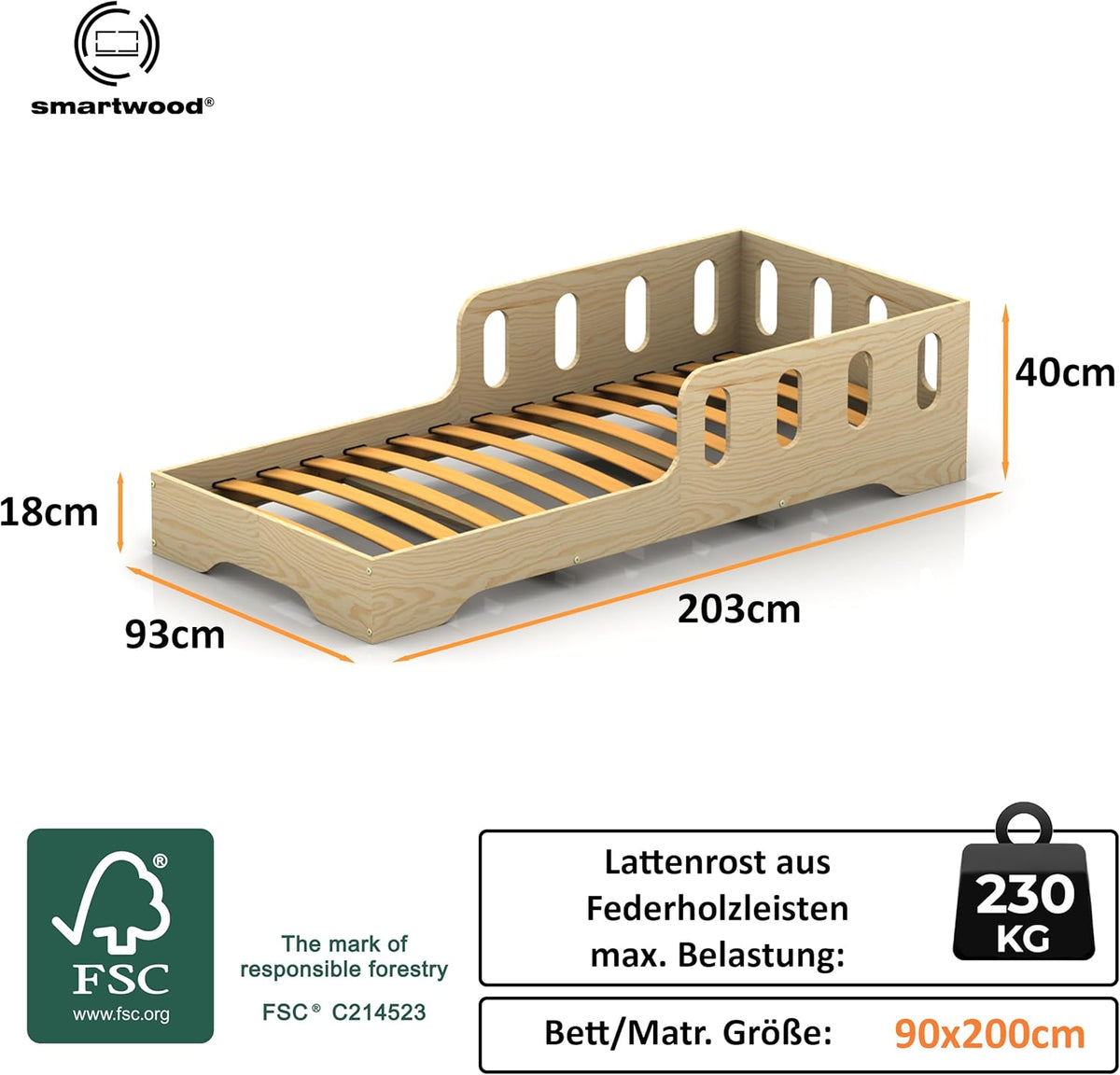 smartwood Montessori Holzbett mit Rausfallschutz & Lattenrost – Bodenbett für Kinder – FSC