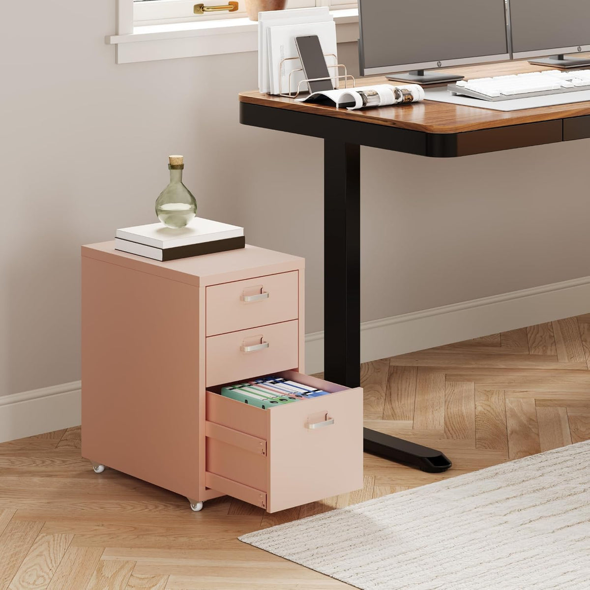 FLEXISPOT Rollcontainer Büroschrank mit 3 Schubladen | Mobiler Aktenschrank Metallkommode mit Rollen | Schreibtisch-Unterschrank für Zuhause & Büro