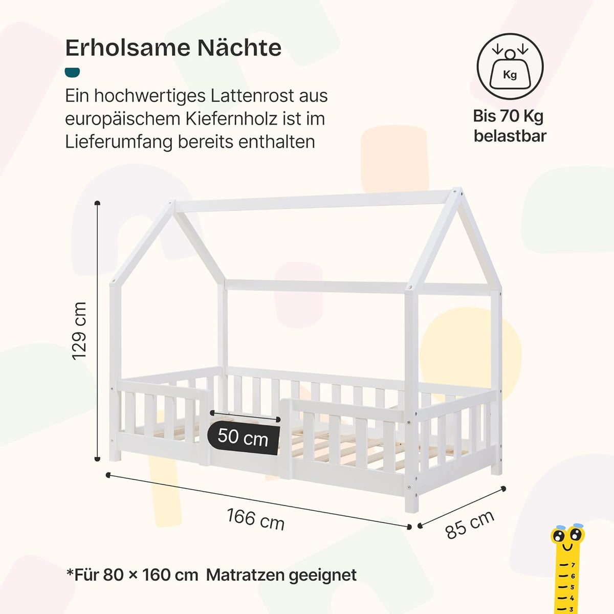 [en.casa] Kinderbett Montessori Hausbett Kiefernholz mit Rausfallschutz und Lattenrost für Kinder Bodenbett Weiß