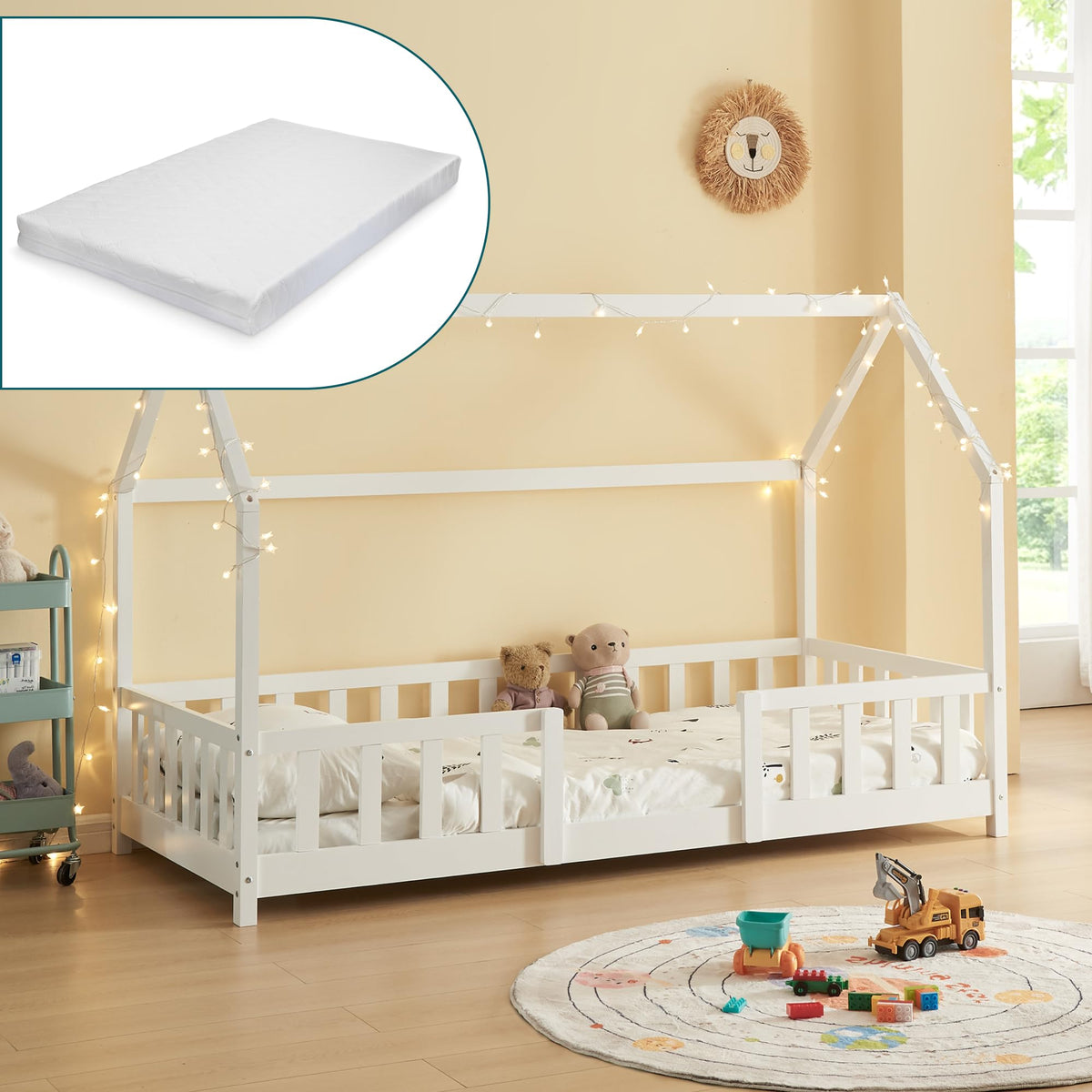 [en.casa] Kinderbett Montessori Hausbett Kiefernholz mit Rausfallschutz und Lattenrost für Kinder Bodenbett Weiß
