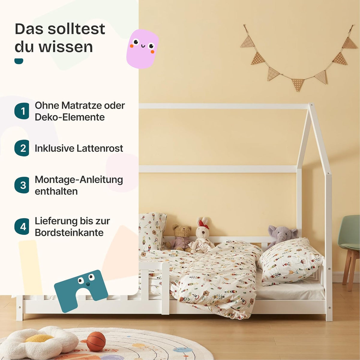 [en.casa] Montessori Kinderbett Hausbett aus Holz mit Rausfallschutz & Lattenrost – Bodenbett für Kinder
