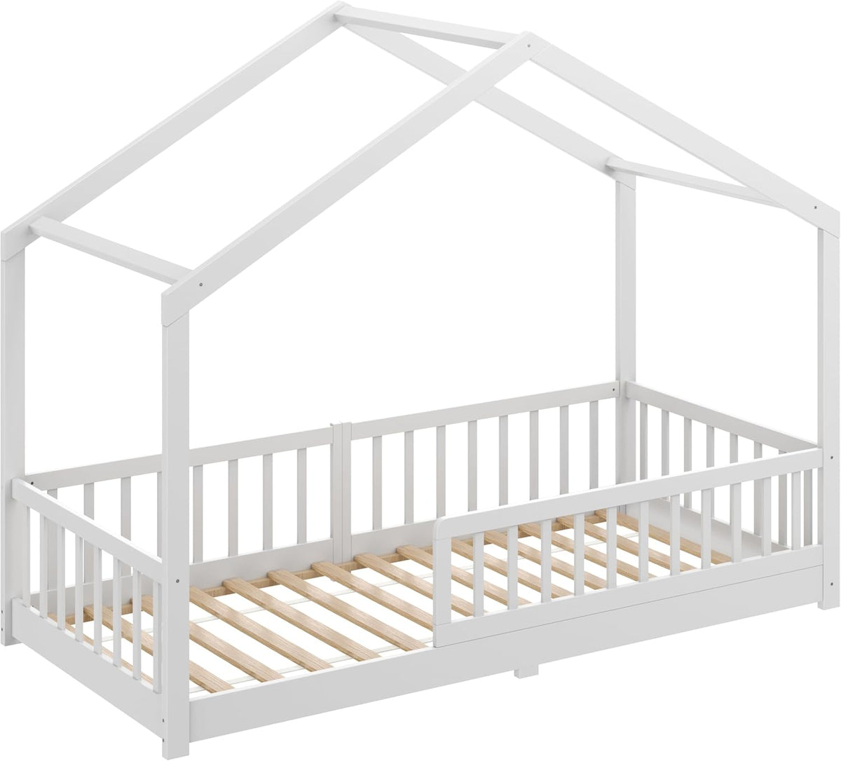 CADANI Malte Kinderbett Montessori Bodenbett Massivholz Kiefer mit Rausfallschutz und Roll-Lattenrost, Skandinavisches Hausbett für Kinder