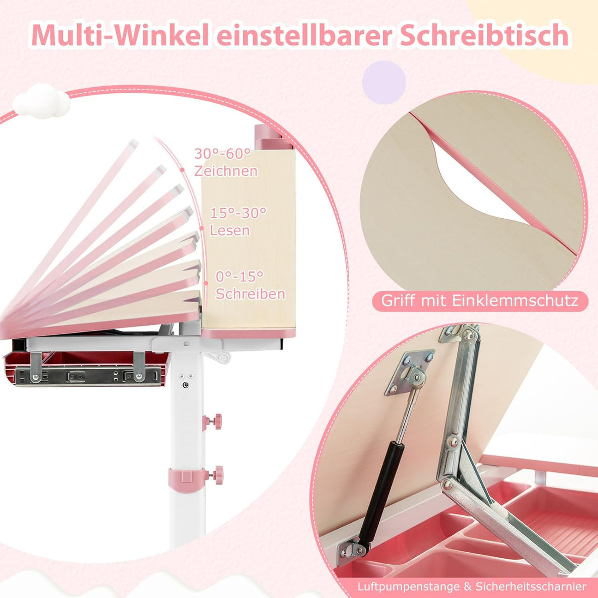 COSTWAY Kinderschreibtisch höhenverstellbar - neigbare Tischplatte, Regal & Schublade