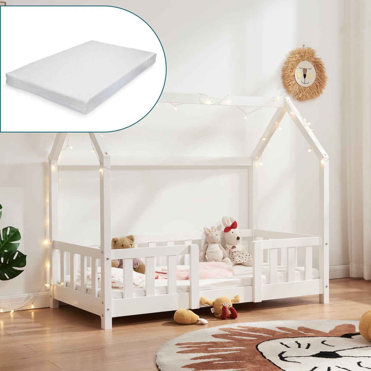 [en.casa] Kinderbett Montessori Hausbett Kiefernholz mit Rausfallschutz und Lattenrost für Kinder Bodenbett Weiß