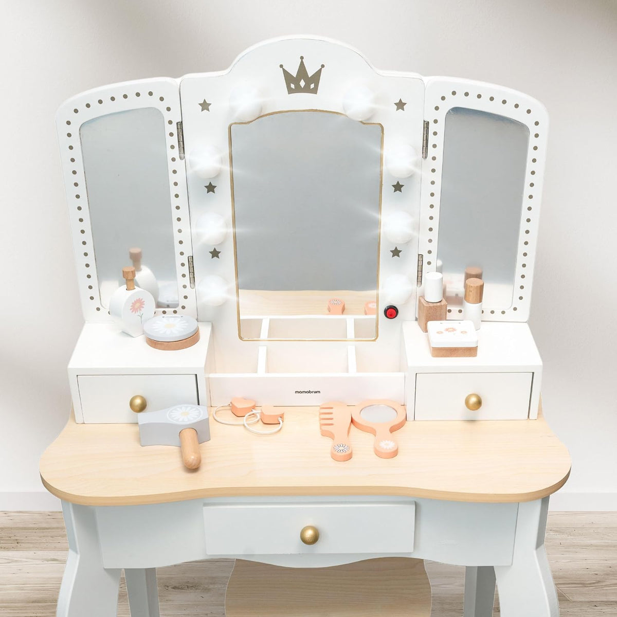 Mamabrum XXL Kinder Schminktisch aus Holz mit LED-Spiegel, Hocker & Beauty Zubehör