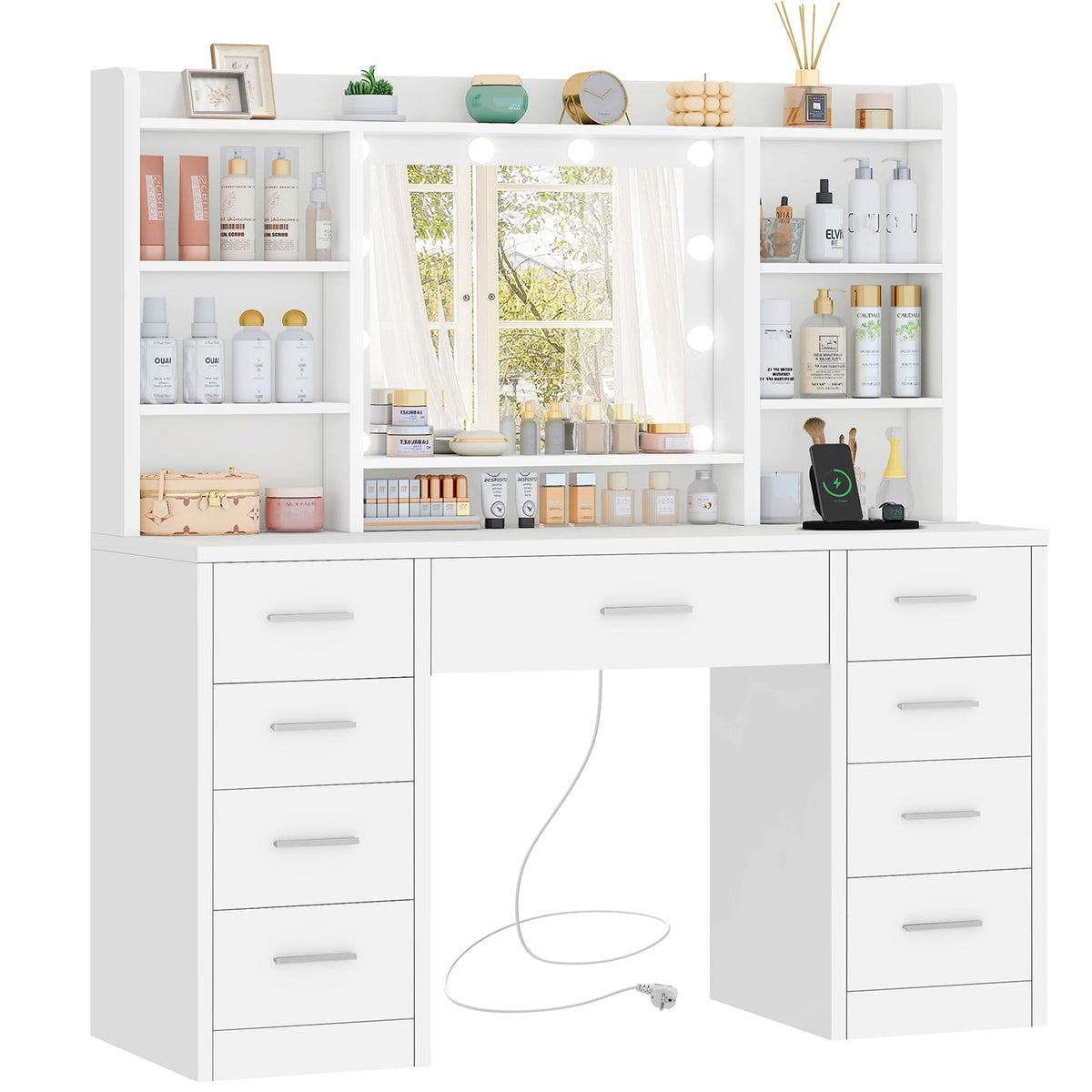 TEENFON Dressing Table with LED Mirror & Power Outlets, 7 Drawers, White