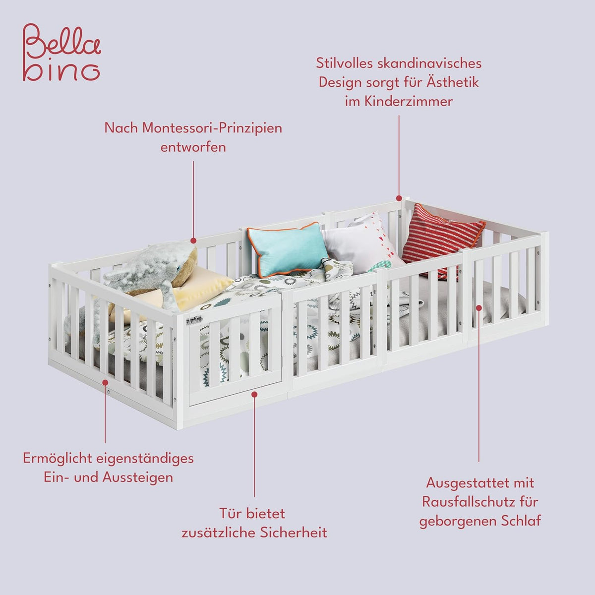 Bellabino Montessori Kinderbodenbett Kiefer Massivholz mit Rausfallschutz & Lattenrost