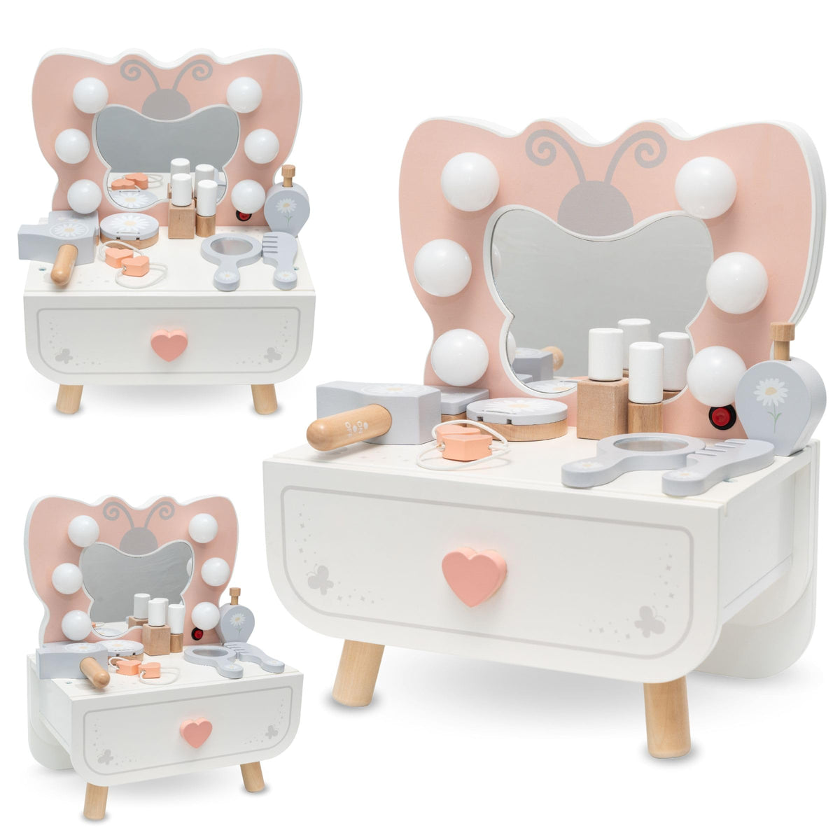Mamabrum XXL Kinder Schminktisch aus Holz mit LED-Spiegel, Hocker & Beauty Zubehör