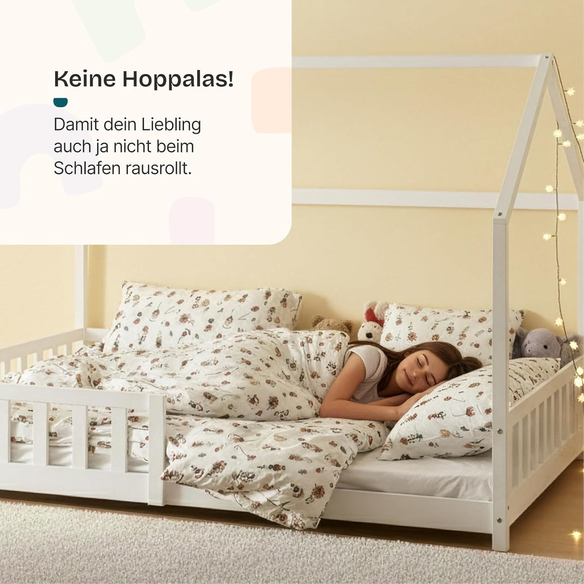 [en.casa] Montessori Kinderbett Hausbett aus Holz mit Rausfallschutz & Lattenrost – Bodenbett für Kinder