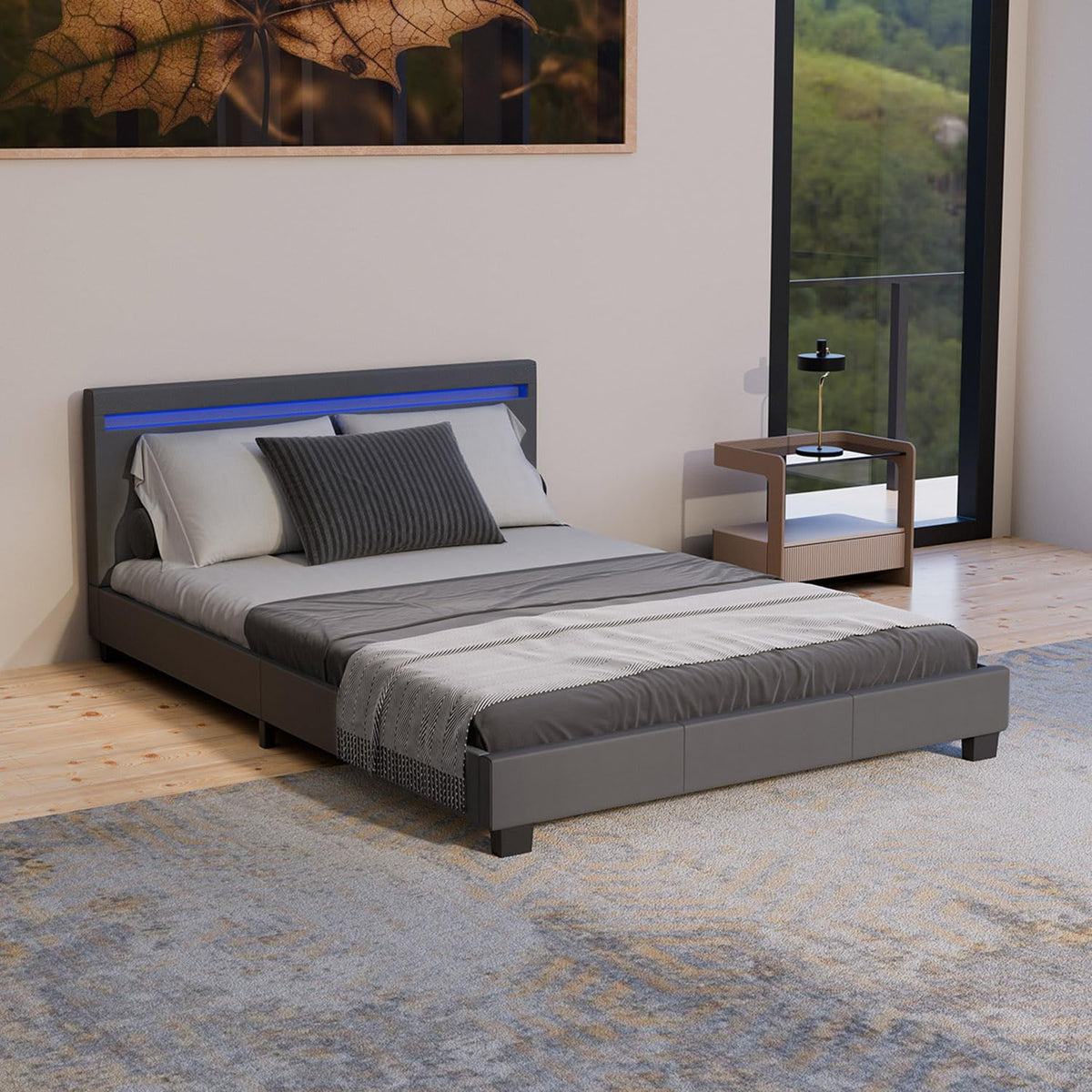 Juskys Polsterbett Paris mit LED-Beleuchtung, Holzgestell & Lattenrost, modernes Schlafzimmerbett