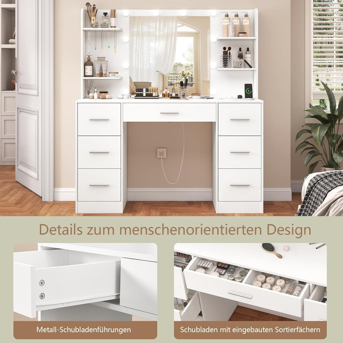 TEENFON Dressing Table with LED Mirror & Power Outlets, 7 Drawers, White