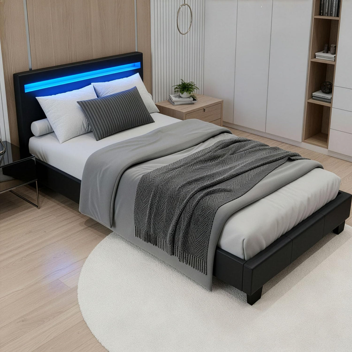 Juskys Polsterbett Paris mit LED-Beleuchtung, Holzgestell & Lattenrost, modernes Schlafzimmerbett