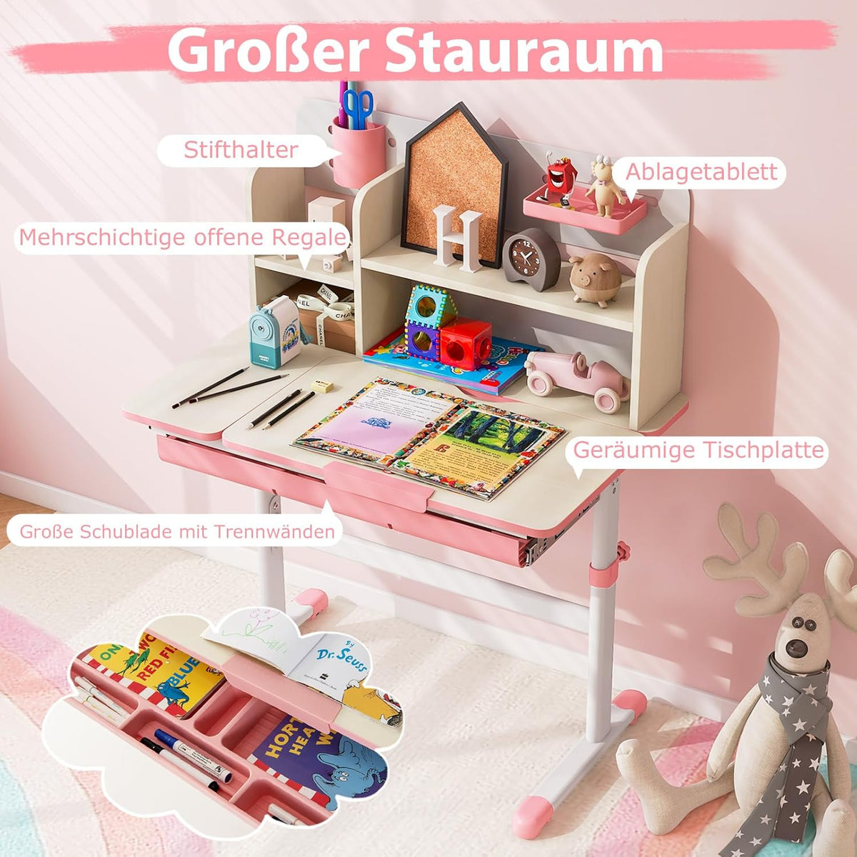 COSTWAY Kinderschreibtisch höhenverstellbar - neigbare Tischplatte, Regal & Schublade