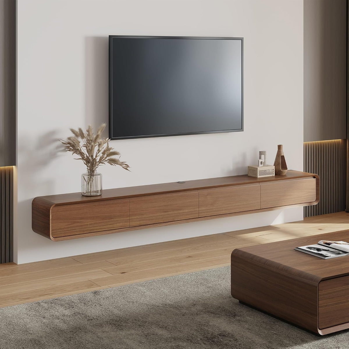 POVISON Floating TV Stand Solid Wood – Modern Wall Mounted Media Console with Storage & Cable Management