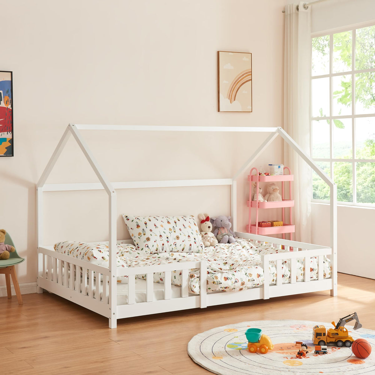 [en.casa] Kinderbett Montessori Hausbett Kiefernholz mit Rausfallschutz und Lattenrost für Kinder Bodenbett Weiß