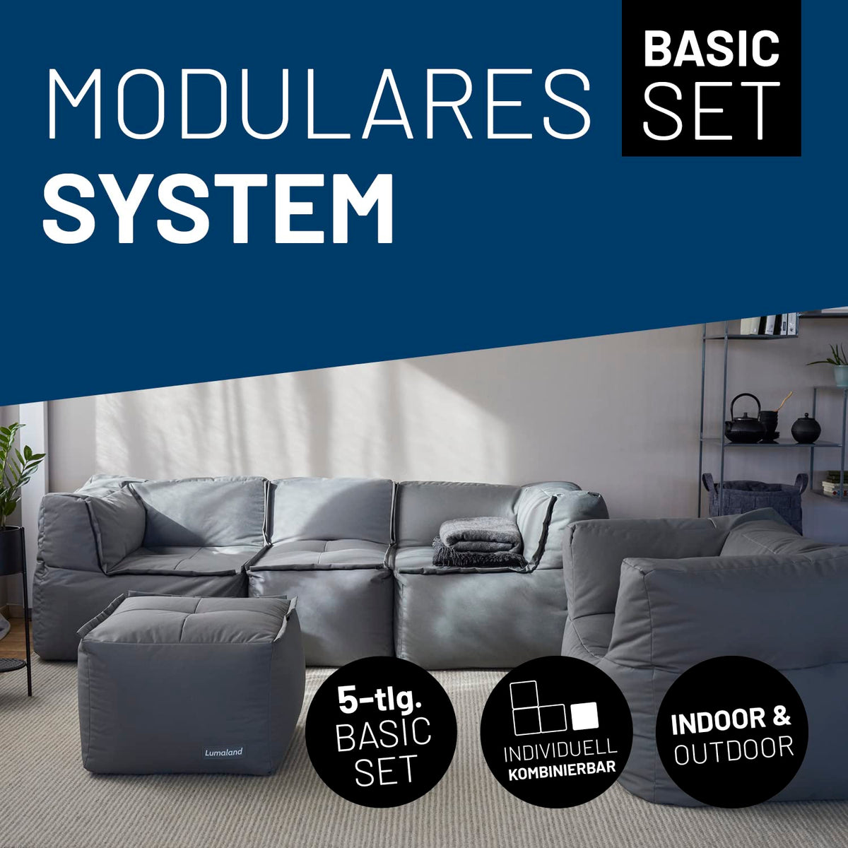 Lumaland Modulares Cord Sitzsack Sofa Set – Bean Bag Module mit EPS-Füllung, Weich, Indoor, Modern