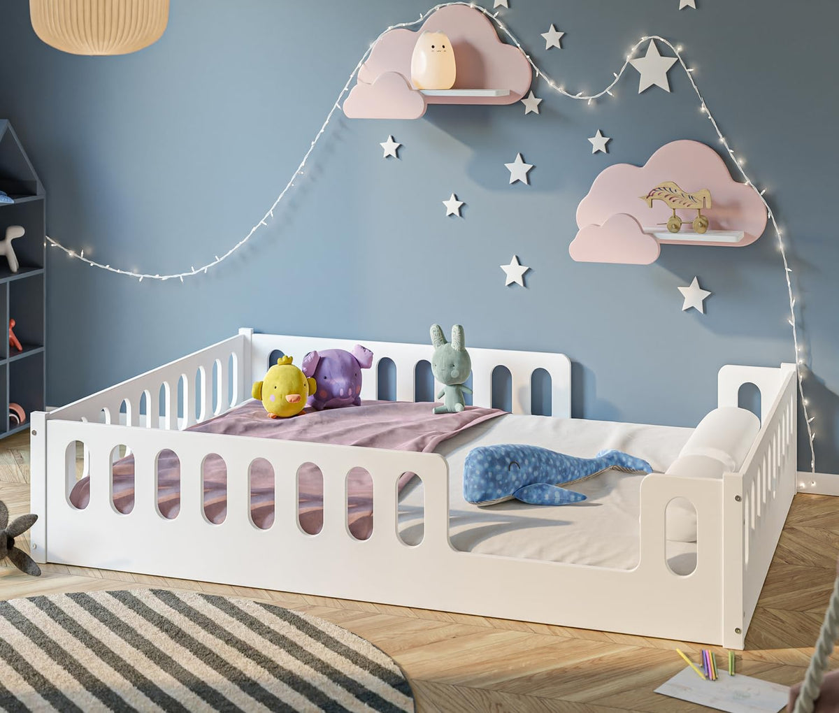 CADANI Monte Montessori Bodenbett Kinderbett mit Rausfallschutz, umbaubar, Massivholz, Rollrost, weiß