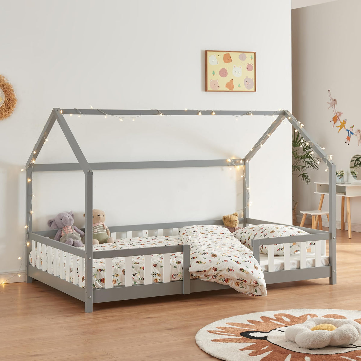 [en.casa] Kinderbett Montessori Hausbett Kiefernholz mit Rausfallschutz und Lattenrost für Kinder Bodenbett Weiß
