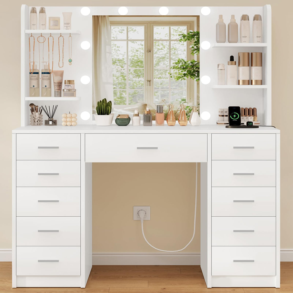 TEENFON Dressing Table with LED Mirror & Power Outlets, 7 Drawers, White