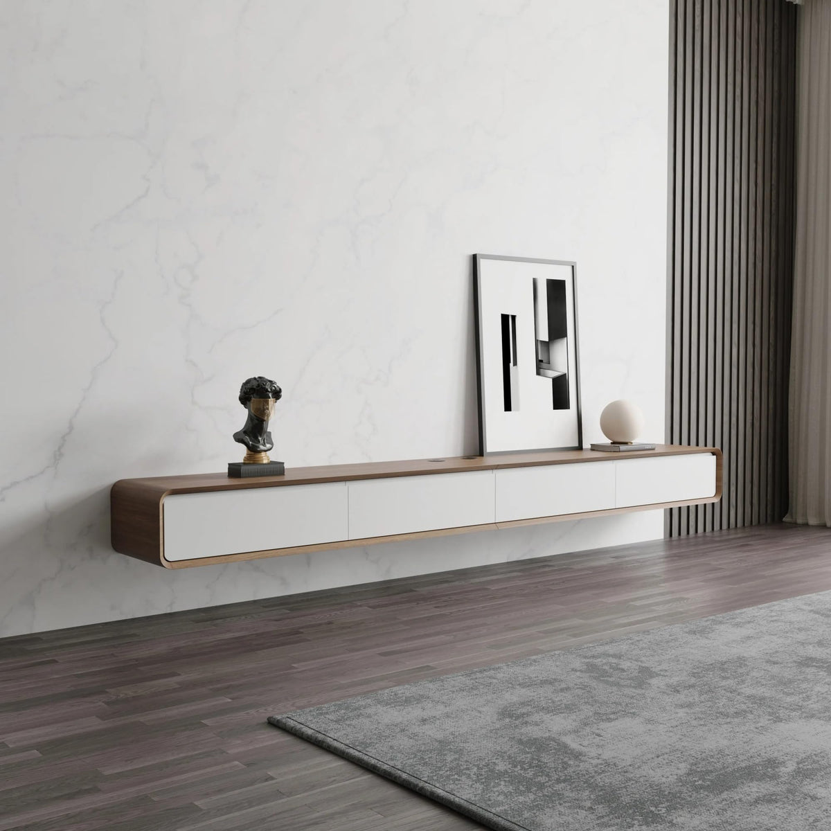 POVISON Floating TV Stand Solid Wood – Modern Wall Mounted Media Console with Storage & Cable Management