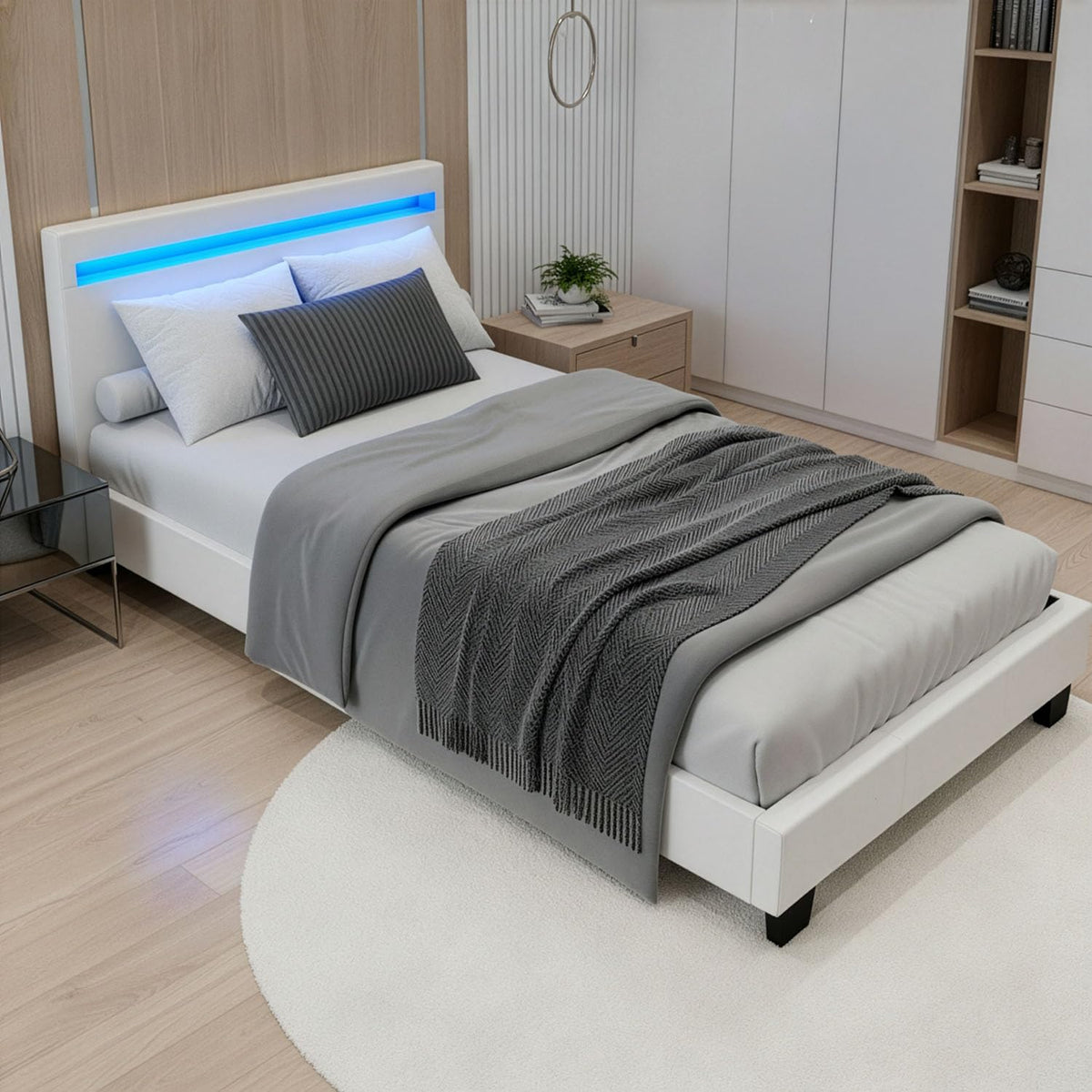 Juskys Polsterbett Paris mit LED-Beleuchtung, Holzgestell & Lattenrost, modernes Schlafzimmerbett