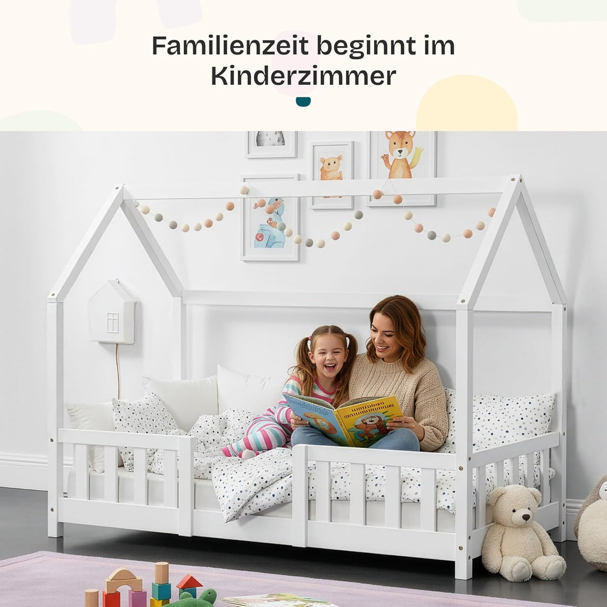 [en.casa] Kinderbett Montessori Hausbett Kiefernholz mit Rausfallschutz und Lattenrost für Kinder Bodenbett Weiß