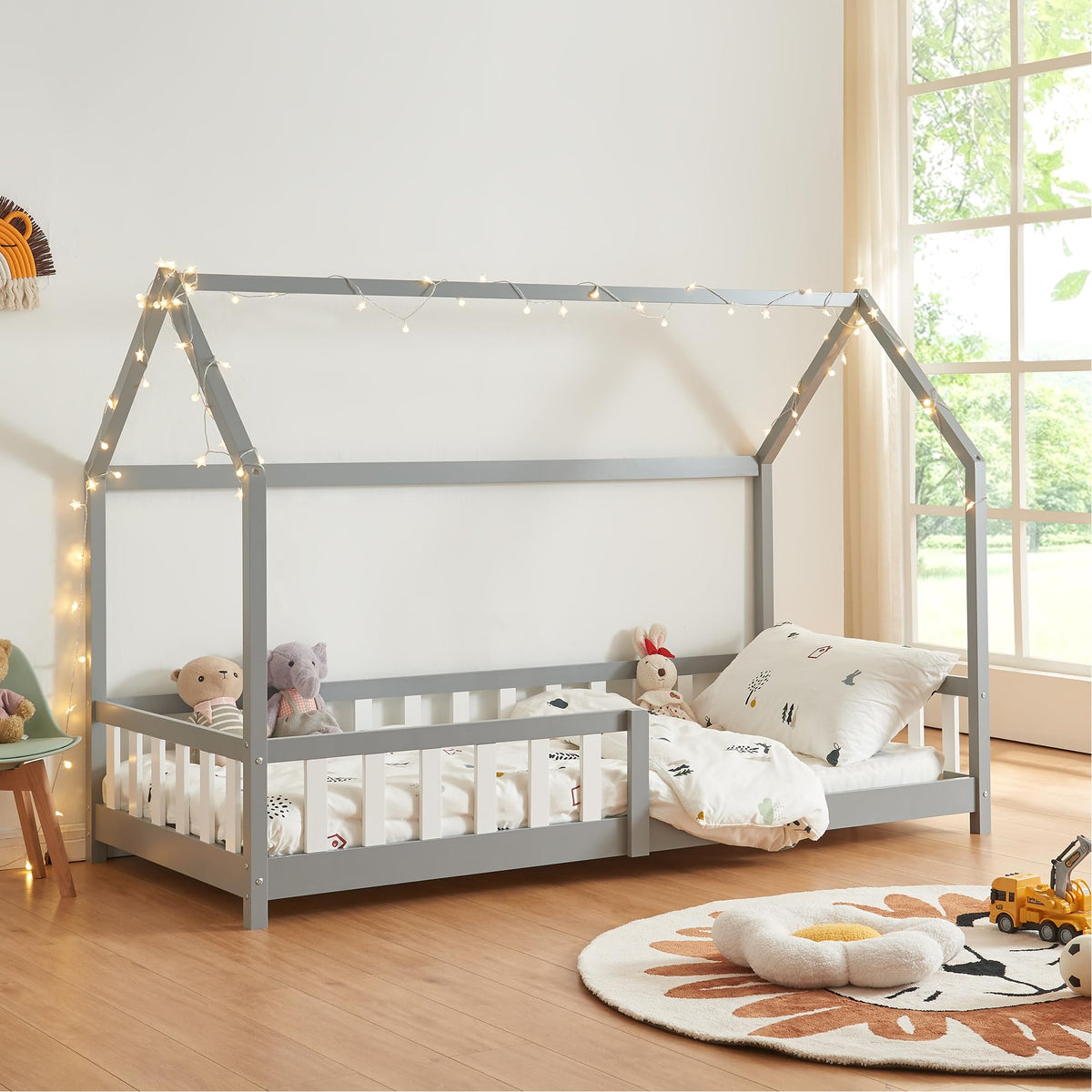 [en.casa] Montessori Kinderbett Hausbett aus Holz mit Rausfallschutz & Lattenrost – Bodenbett für Kinder