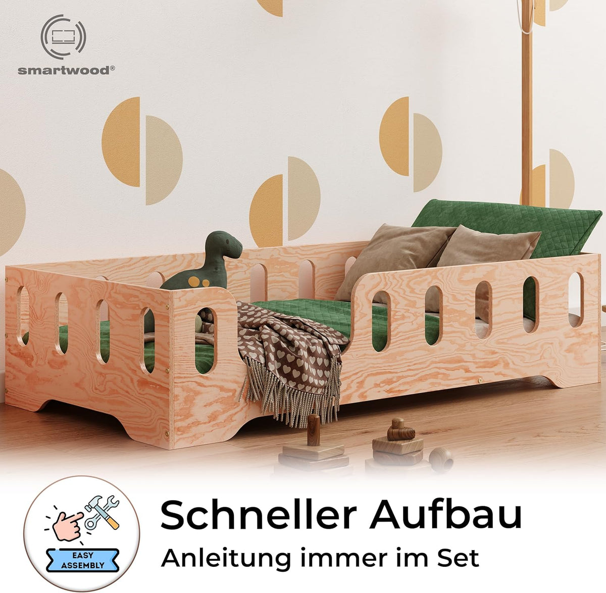 smartwood Bodenbett 70x140 Montessori Kinderbett aus Holz mit FSC-Zertifikat TILA 2L mit Rausfallschutz & Lattenrost bis 230kg belastbar - Einfache Montage