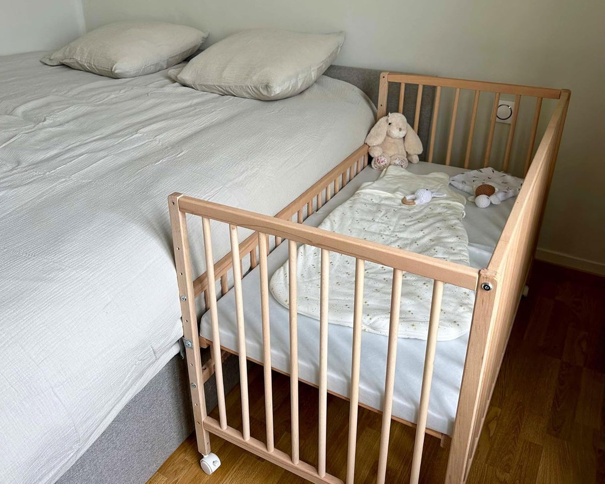 Webaby - Babybett Beistellbett Holz 60x120 cm Buche Natur LIO | Kinderbett Co-Sleeping Babybett | Von Geburt an | Höhenverstellbar | Lattenrost