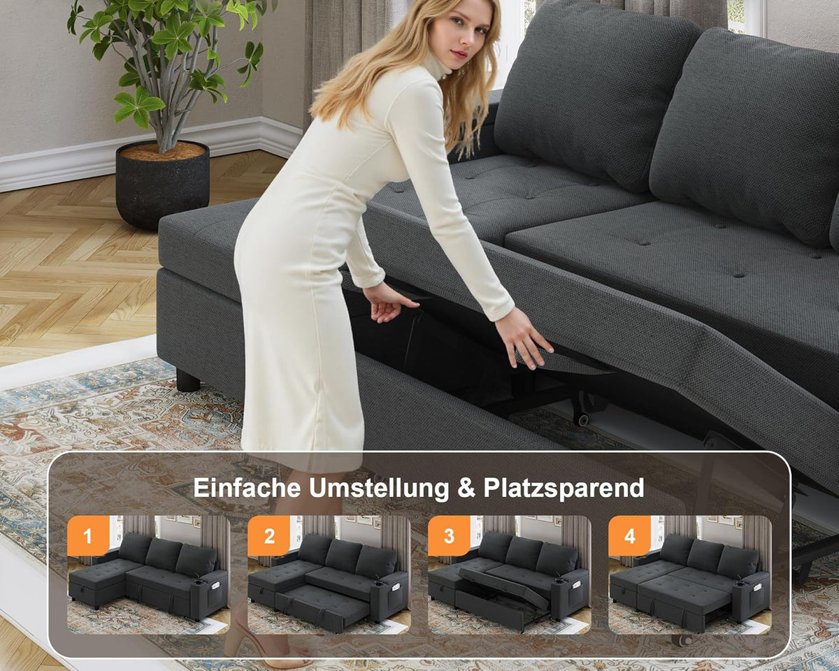 Devoko Ecksofa mit Schlaffunktion – 3-Sitzer, Bettkasten & Schlaffunktion
