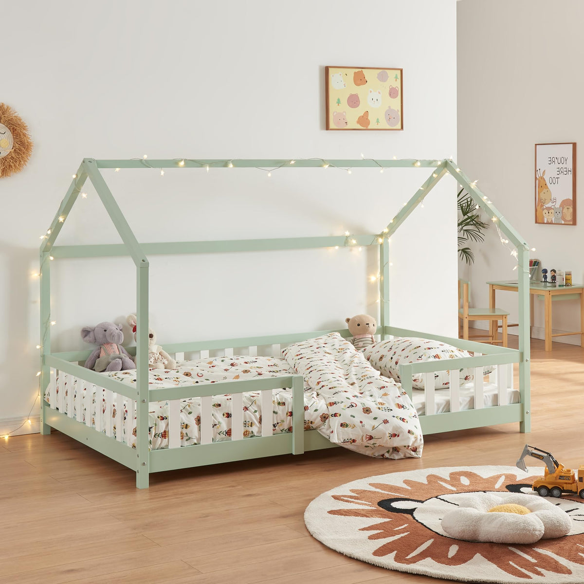 [en.casa] Kinderbett Montessori Hausbett Kiefernholz mit Rausfallschutz und Lattenrost für Kinder Bodenbett Weiß