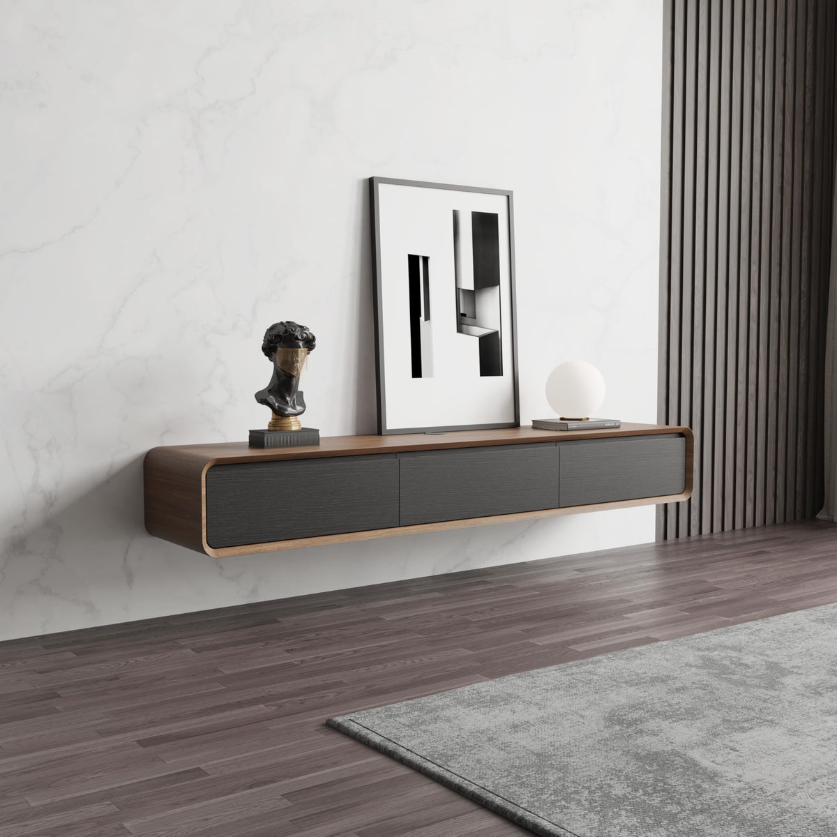 POVISON Floating TV Stand Solid Wood – Modern Wall Mounted Media Console with Storage & Cable Management