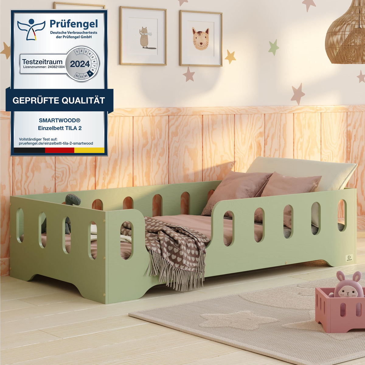 smartwood Bodenbett 70x140 Montessori Kinderbett aus Holz mit FSC-Zertifikat TILA 2L mit Rausfallschutz & Lattenrost bis 230kg belastbar - Einfache Montage