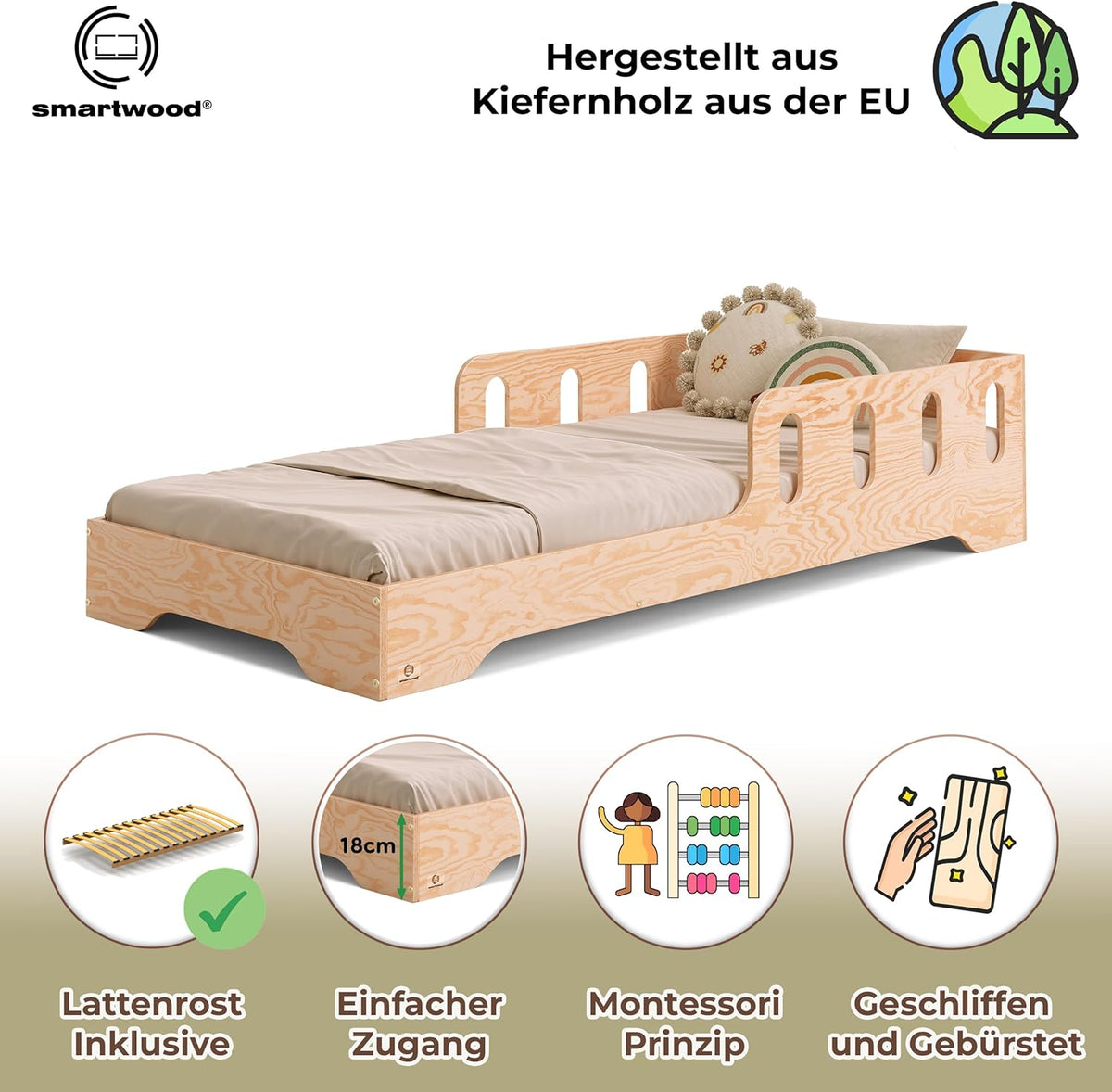 smartwood Montessori Holzbett mit Rausfallschutz & Lattenrost – Bodenbett für Kinder – FSC