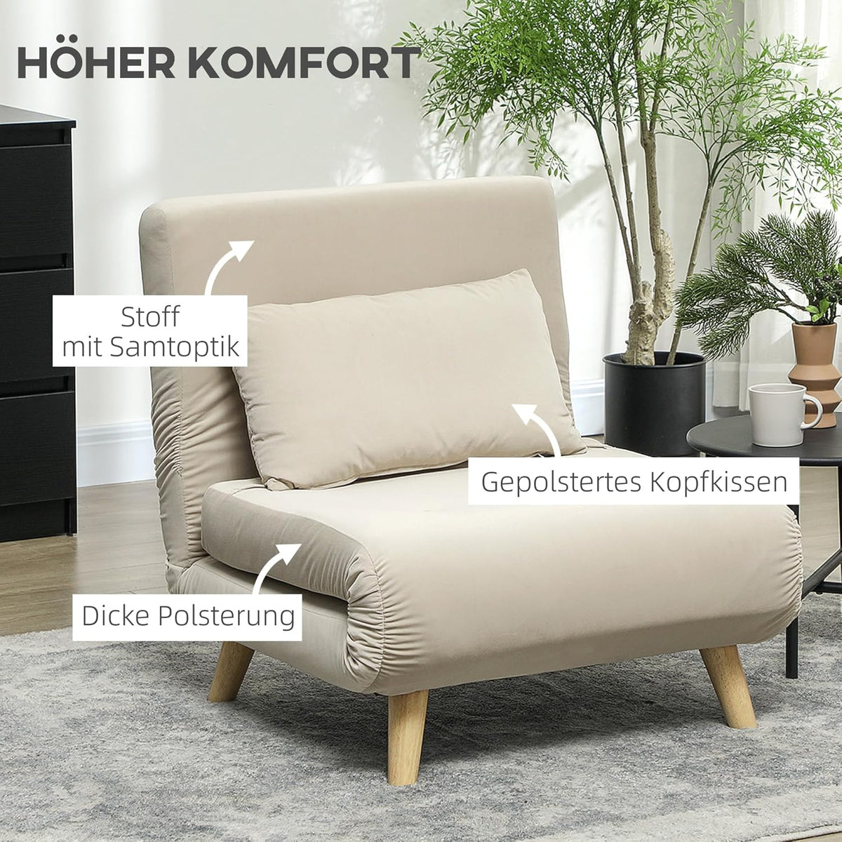 HOMCOM 3-in-1 Schlafsessel Beige – Klappsofa mit Bettfunktion & verstellbarer Rückenlehne