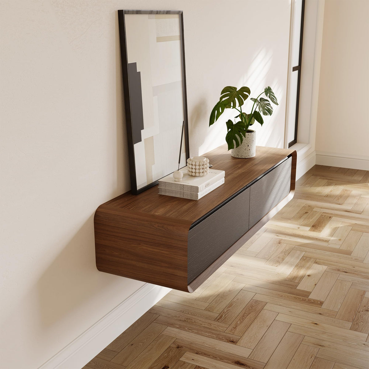 POVISON Floating TV Stand Solid Wood – Modern Wall Mounted Media Console with Storage & Cable Management