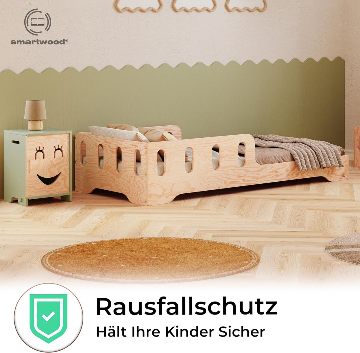 smartwood Montessori Holzbett mit Rausfallschutz & Lattenrost – Bodenbett für Kinder – FSC