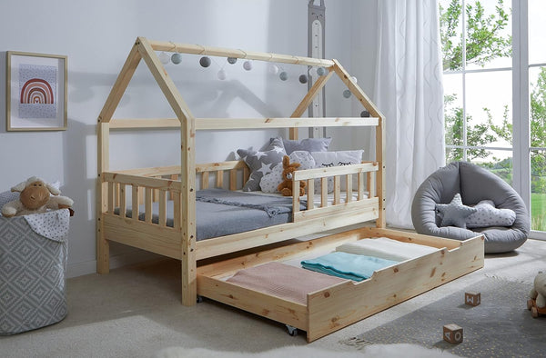 TiCAA Kinderbett Hausbett aus massivem Kiefernholz – mit Schubladen, Rausfallschutz und Lattenrost