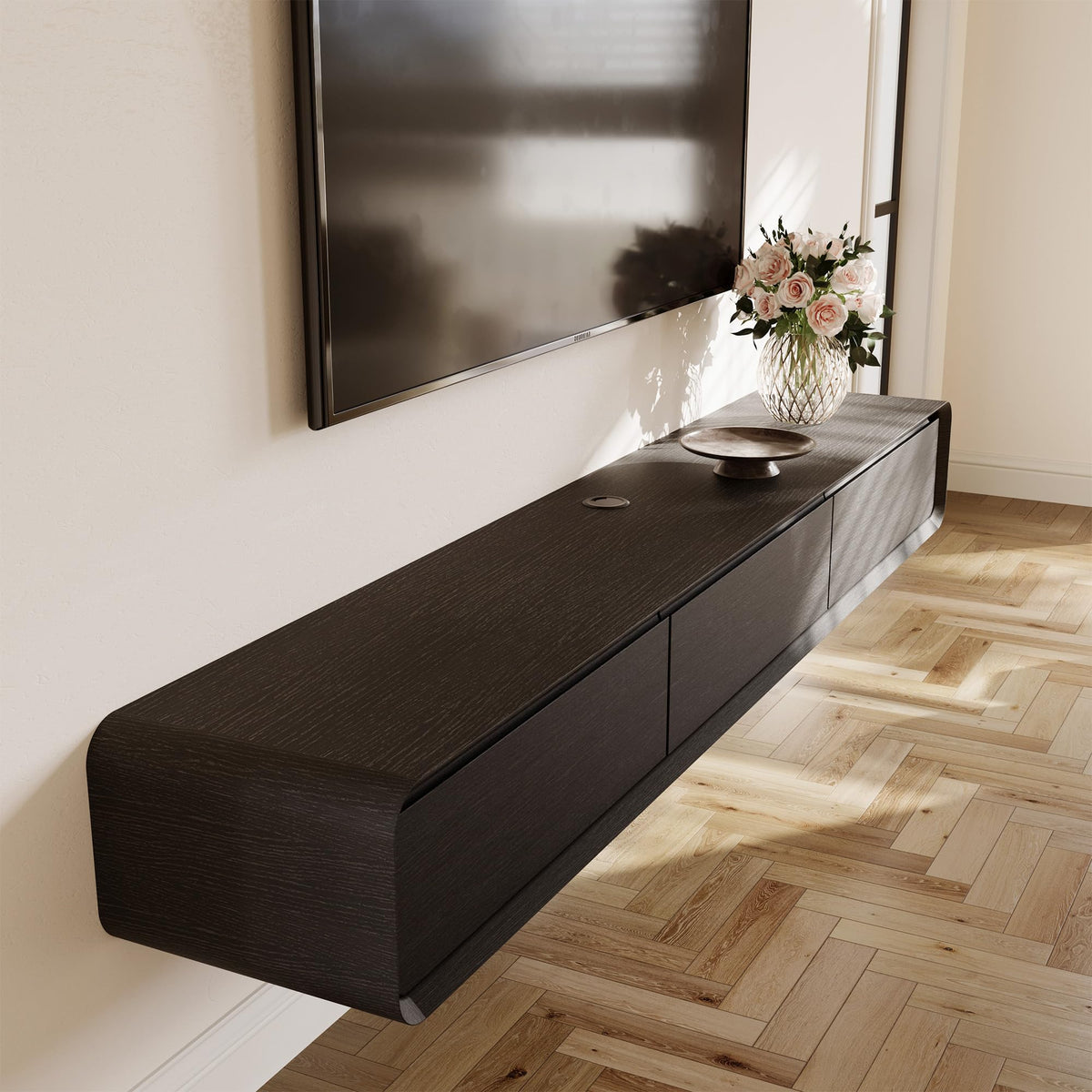 POVISON Floating TV Stand Solid Wood – Modern Wall Mounted Media Console with Storage & Cable Management